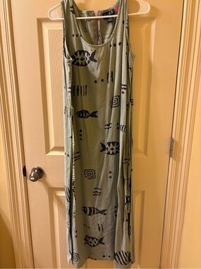 Blue J. Sleeveless Olive Green Maxi Dress with Black Fish Print